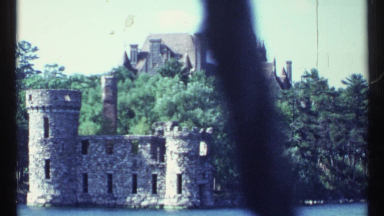 Stone tower and castle-like building partly hidden by trees near water.