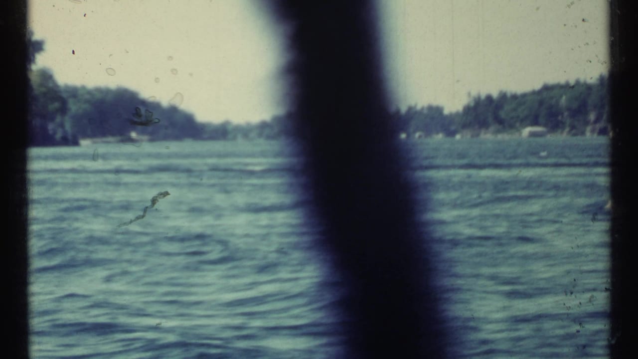 Open water and wooded shoreline partly obscured by dark vertical framing.