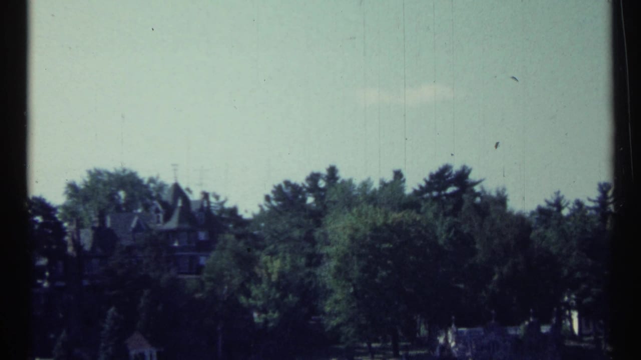 Distant castle-like mansion partly hidden by trees across a river under a pale sky.