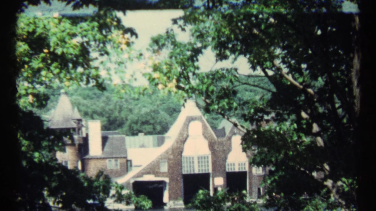 Large brick house partly hidden by leafy trees, with steep rooflines and a small tower visible.