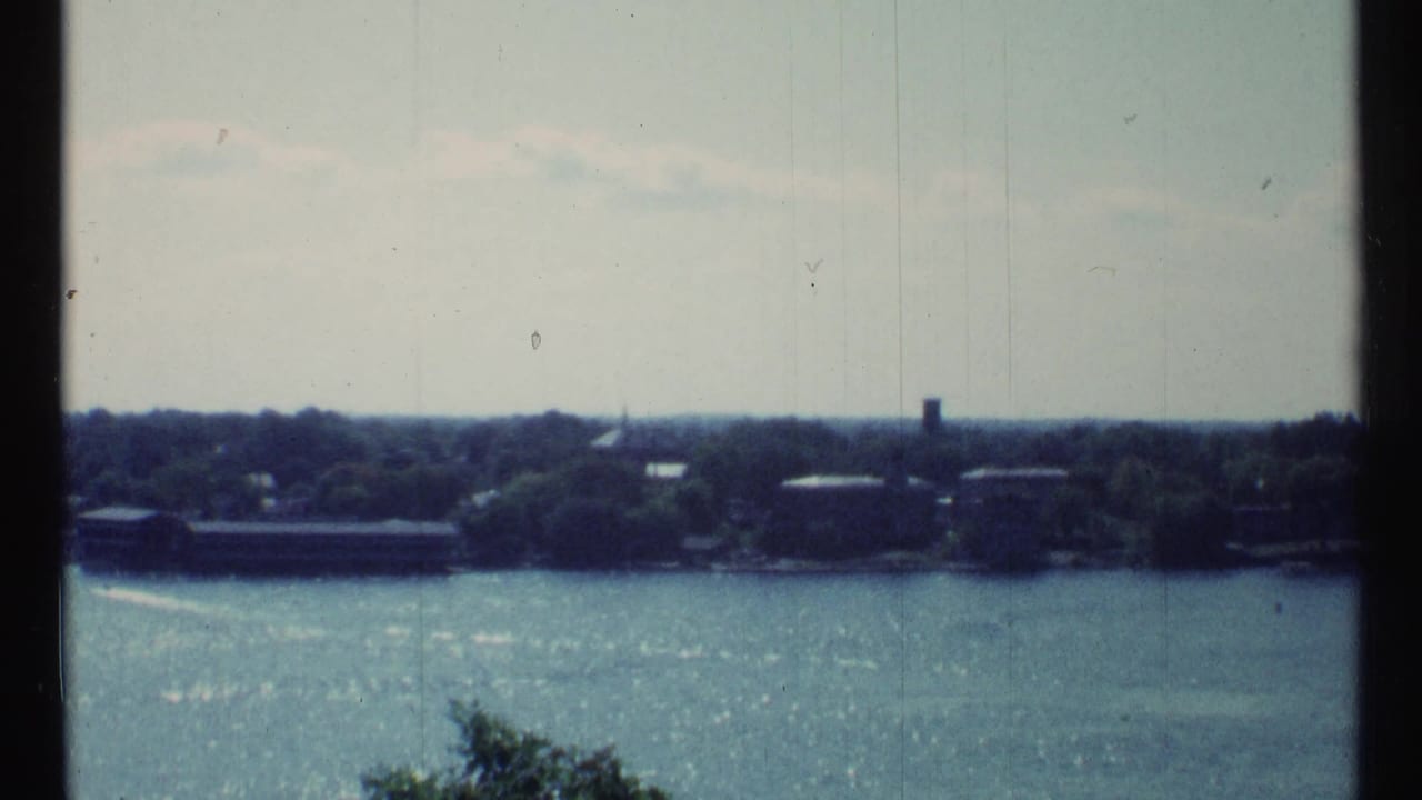 Wide river view with wooded shoreline, distant buildings, and sunlit water.