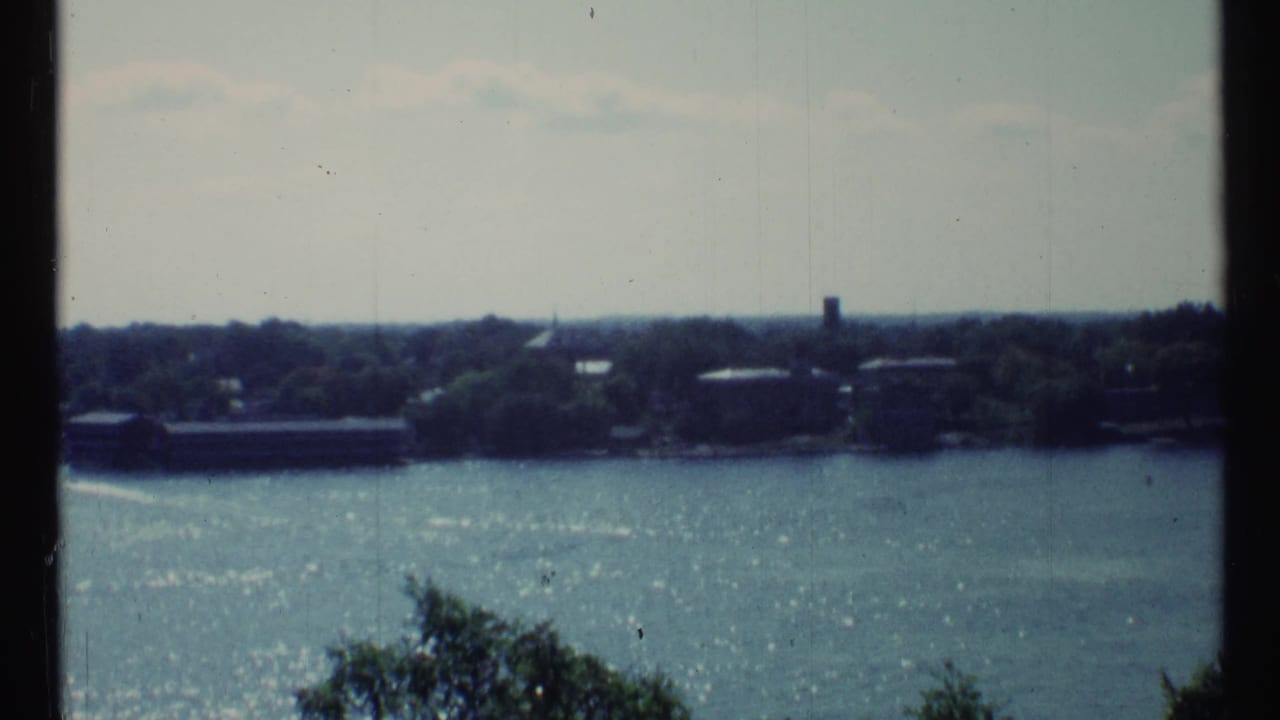 River and distant tree-lined shore seen through a soft, grainy frame.