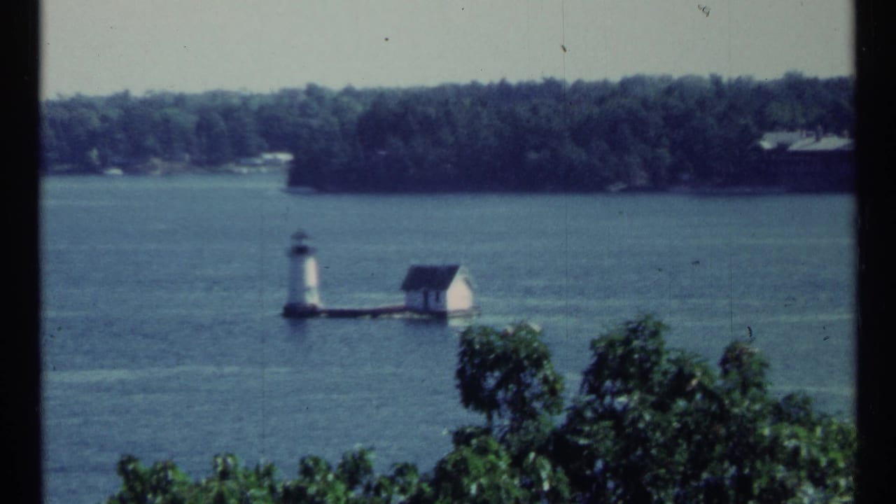 Small lighthouse and white building on a lake, seen past foreground trees.