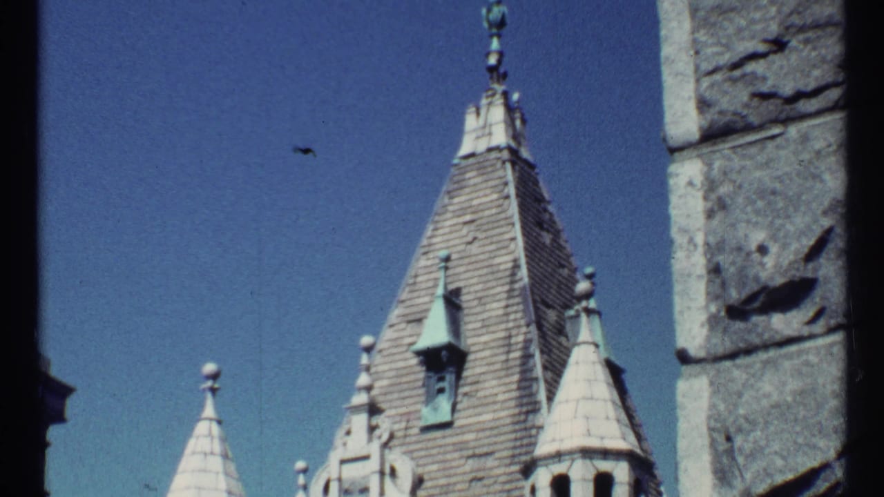Steeple roof, turret tops, and rough stonework beside a clear sky.