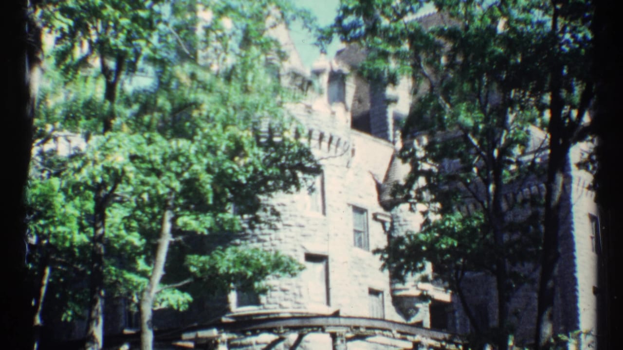 Stone building with roofline details seen through leafy trees.