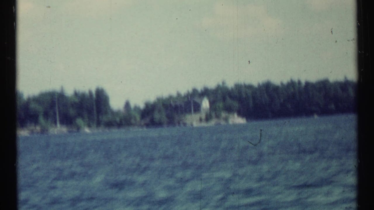 Distant white cabin on a forested shoreline across choppy lake water.