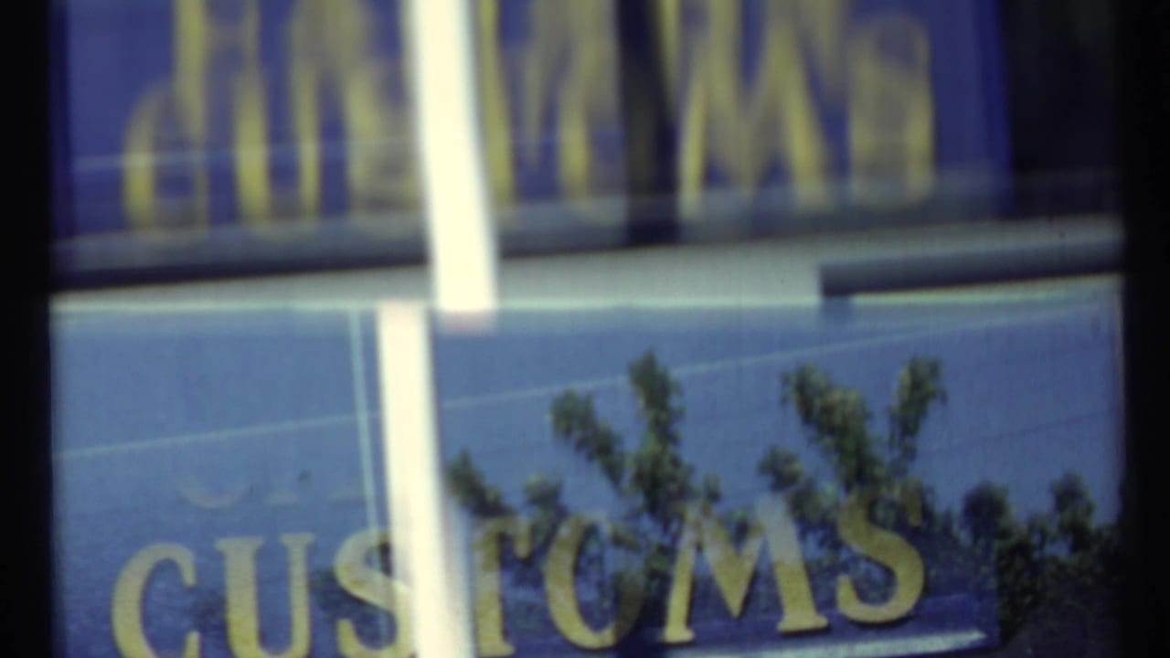 Reflected Canada Customs lettering appears on glass beside trees and vertical white bars.