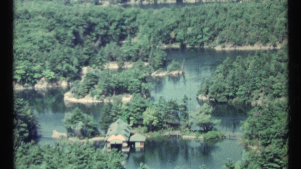 Forested waterway and small shore structure framed from a high viewpoint.
