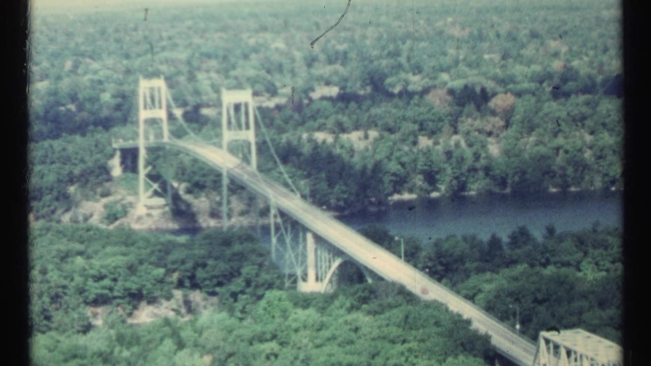 Bridge deck and towers span a river with forested banks in the background.