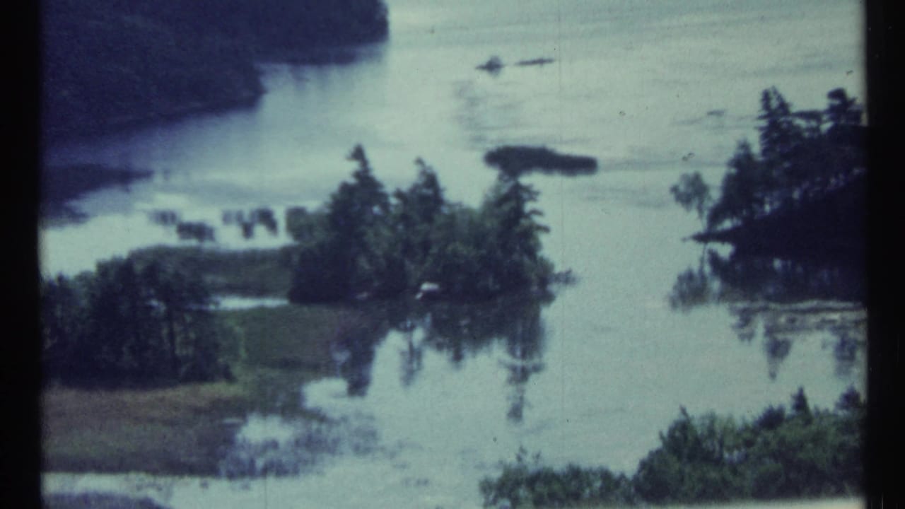 Flooded marshland with small tree-covered islands and calm water.