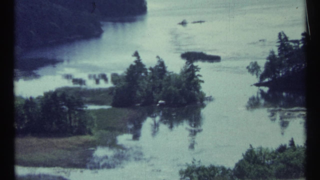 Elevated view across flooded water and tree-covered islands.