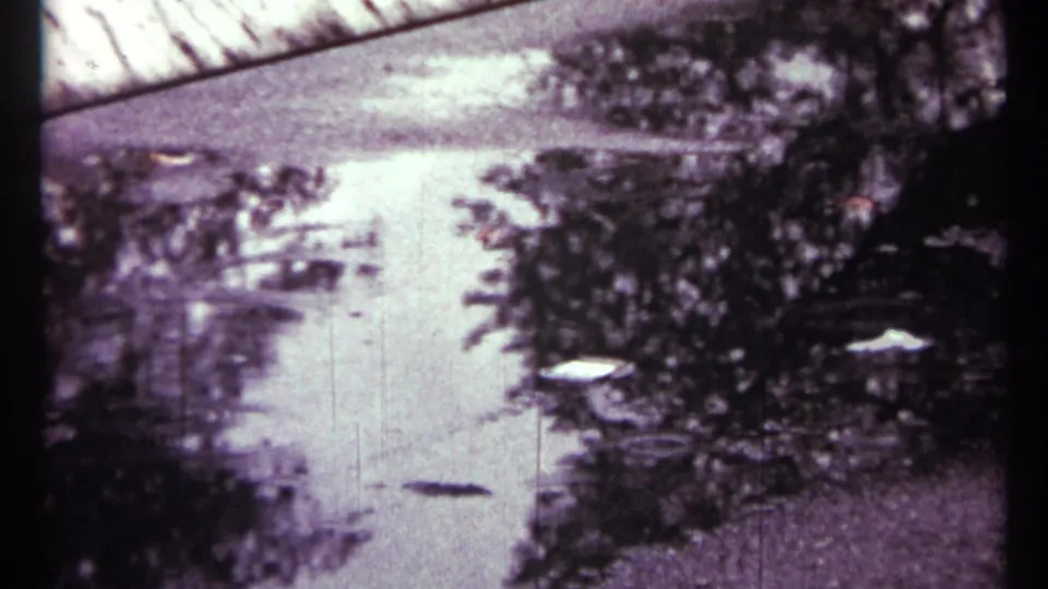 1967 Toronto home-movie frame holds on a wet puddle where raindrops form rings beside reflected foliage and overcast sky.