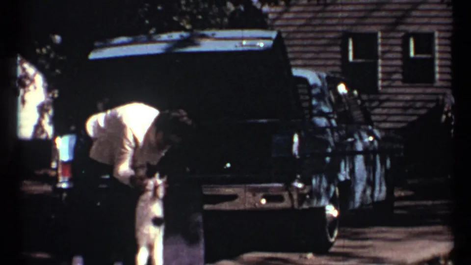 The man crouches lower over the cat beside the rear of the blue car, with the open trunk and house facade visible behind him.