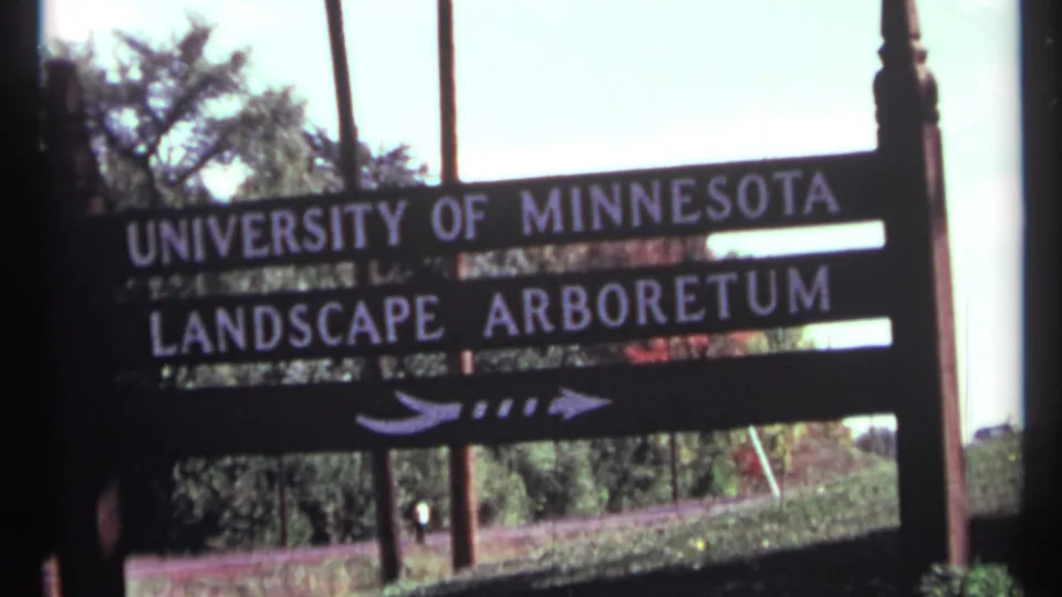 1967 8mm frame showing the arboretum sign from a handheld angle, with white lettering, arrow, trees, grass, cars, and a small distant person.
