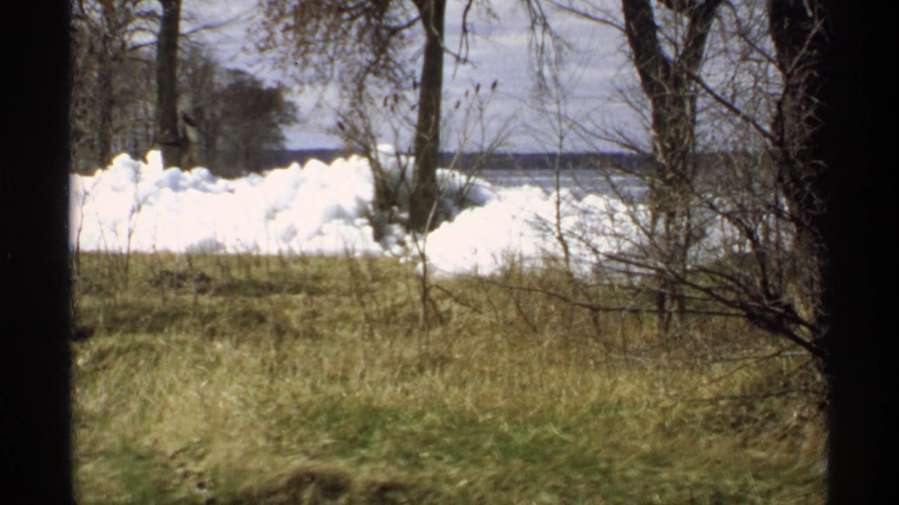 Snow piles beyond grass and bare trees near a distant body of water.