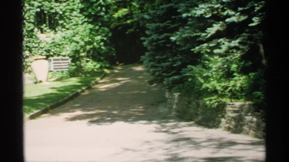 1970 Minnesota frame looking down a tree-lined driveway beside the residence, with lawn, stone edging, dense foliage, and bright sun patches.