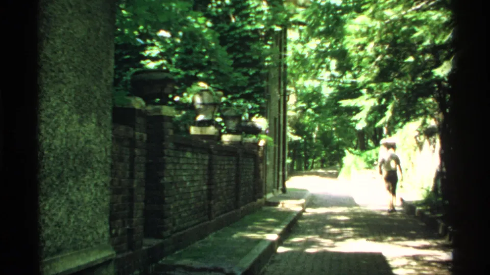 1970 Minnesota home-movie frame of an adult man walking away along a brick path through dense green landscaping.