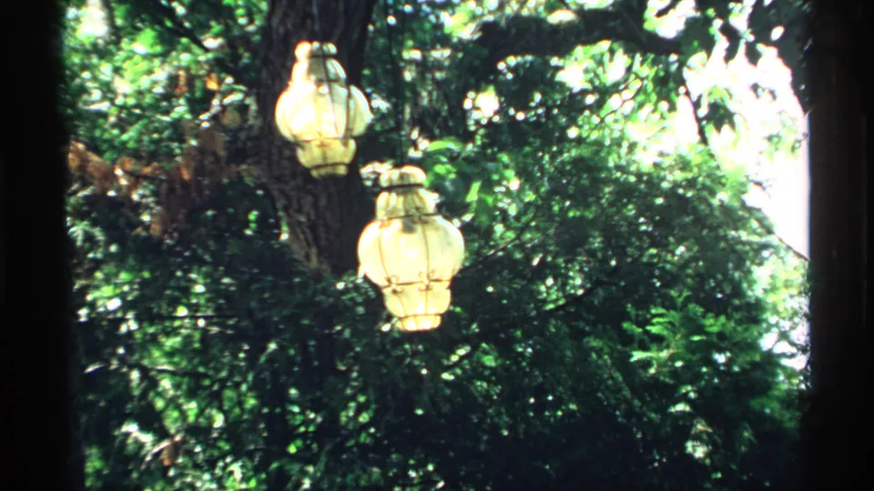 1970 Minnesota home-movie frame with glass lanterns hanging in a leafy backyard tree, filmed in soft 8mm color.