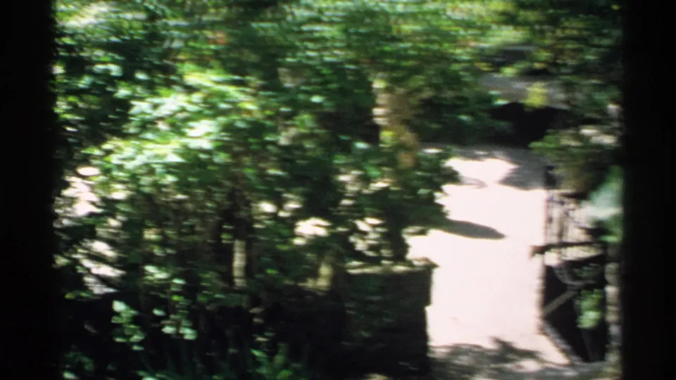 1970 Minnesota 8mm frame with motion blur across leafy trees, a bright garden walkway, and stone edging near a railing.