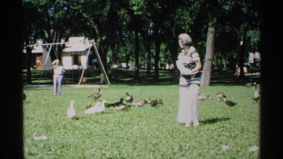 1970 Minnesota 8mm frame of a woman standing in a sunny park as ducks and geese cluster nearby and a swing set sits in the background.