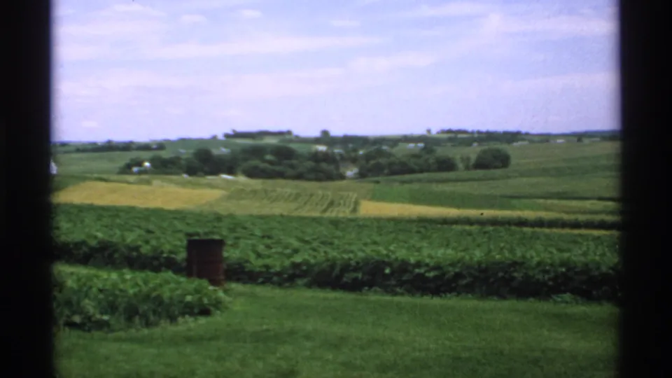 1970 Minnesota 8mm landscape showing cultivated green fields, distant tree lines, and a pale blue sky from a home-movie viewpoint.