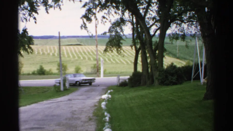 The silver sedan appears near the rural driveway entrance in Minnesota, framed by trees and a broad patterned field beyond the road.