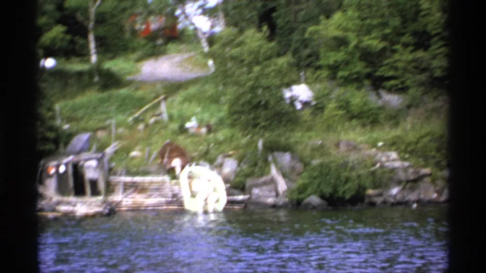 1971 Isle Royale 8mm frame showing a wooded lakeshore with a rustic dock, small boat, rocks, grassy bank, and rippling water.