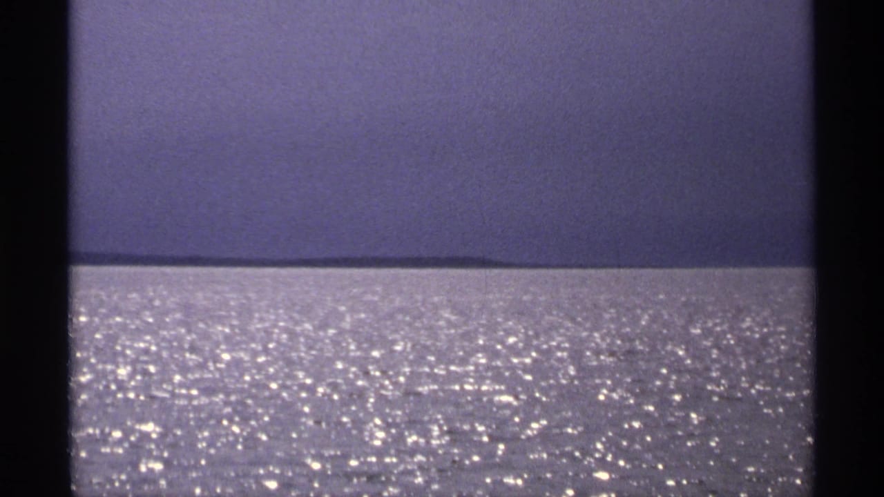 Open water with sun glints, a distant low shoreline, pale sky, and dark film borders.