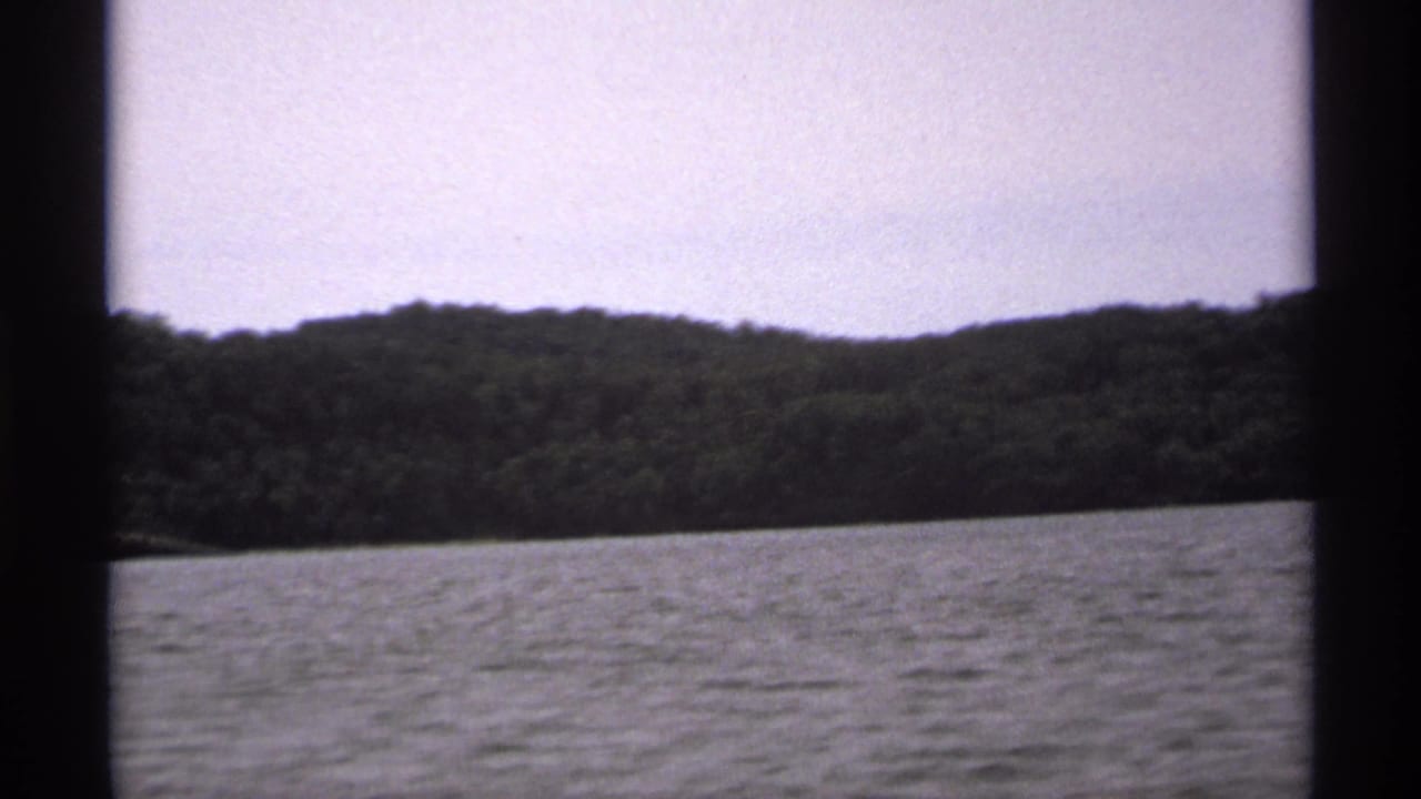 Lake water and a wooded shoreline under a pale sky, seen from a moving boat.