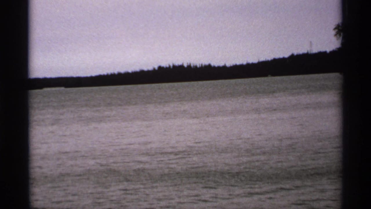 Rippled lake water seen through dark frame edges with a low forested shoreline in the distance.