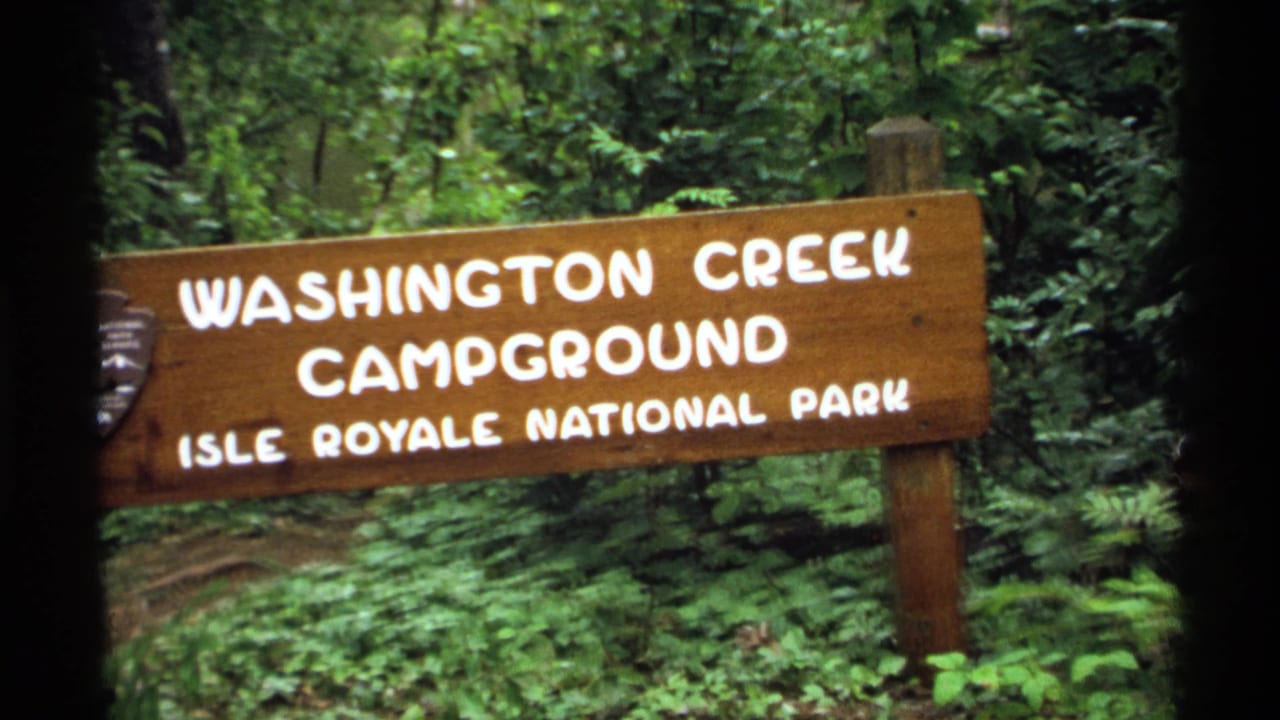 Washington Creek Campground sign surrounded by dense green forest.