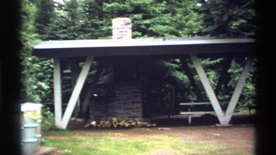 1971 Isle Royale frame of an empty park picnic shelter with white supports, a stone fireplace, firewood, and forest growth around it.