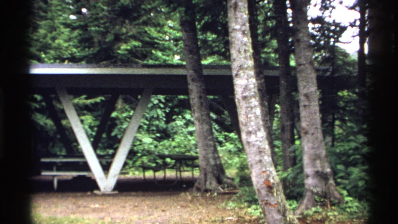 1971 Isle Royale 8mm frame showing a covered picnic shelter in dense forest, with tree trunks and part of a rustic cabin nearby.