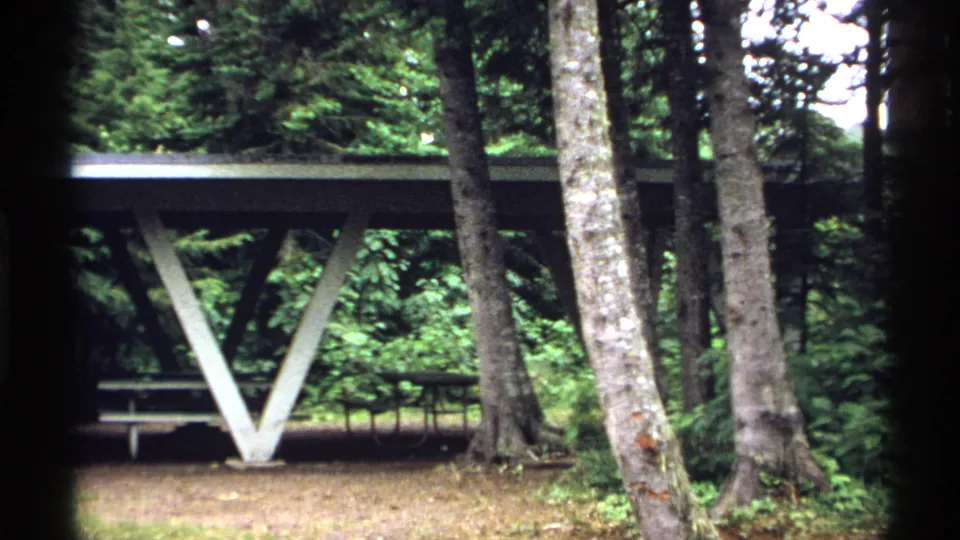 1971 Isle Royale 8mm frame showing a covered picnic shelter in dense forest, with tree trunks and part of a rustic cabin nearby.