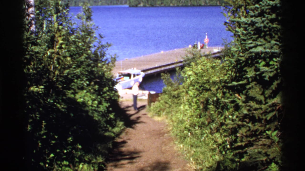 Shaded path leading through trees to a lakeside dock and small boat.