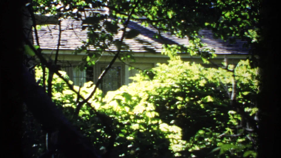 A leaf-covered Isle Royale exterior view from 1971, with roof, wall, and shrubs seen through shaded trees.