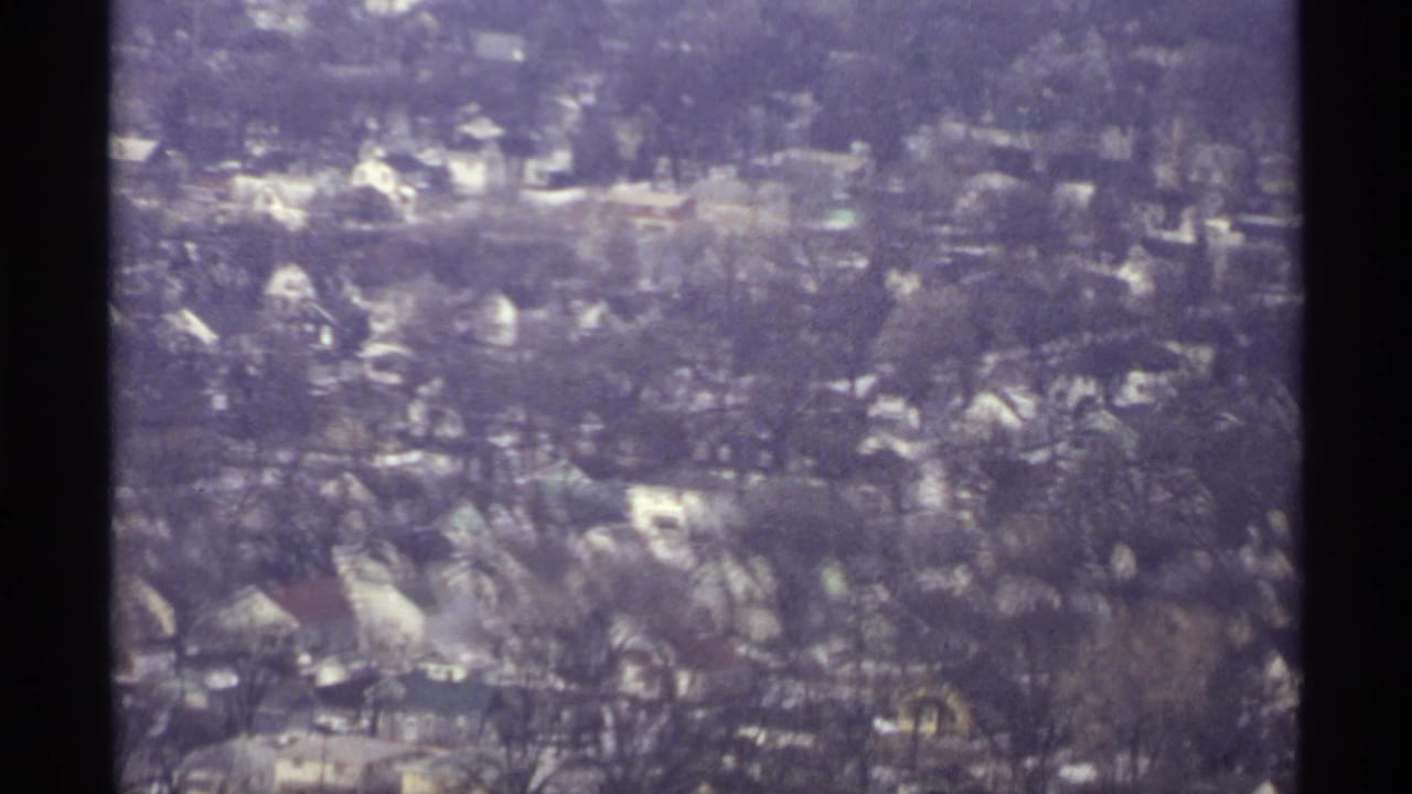 Aerial neighborhood view with clustered rooftops, streets, and leafless trees.