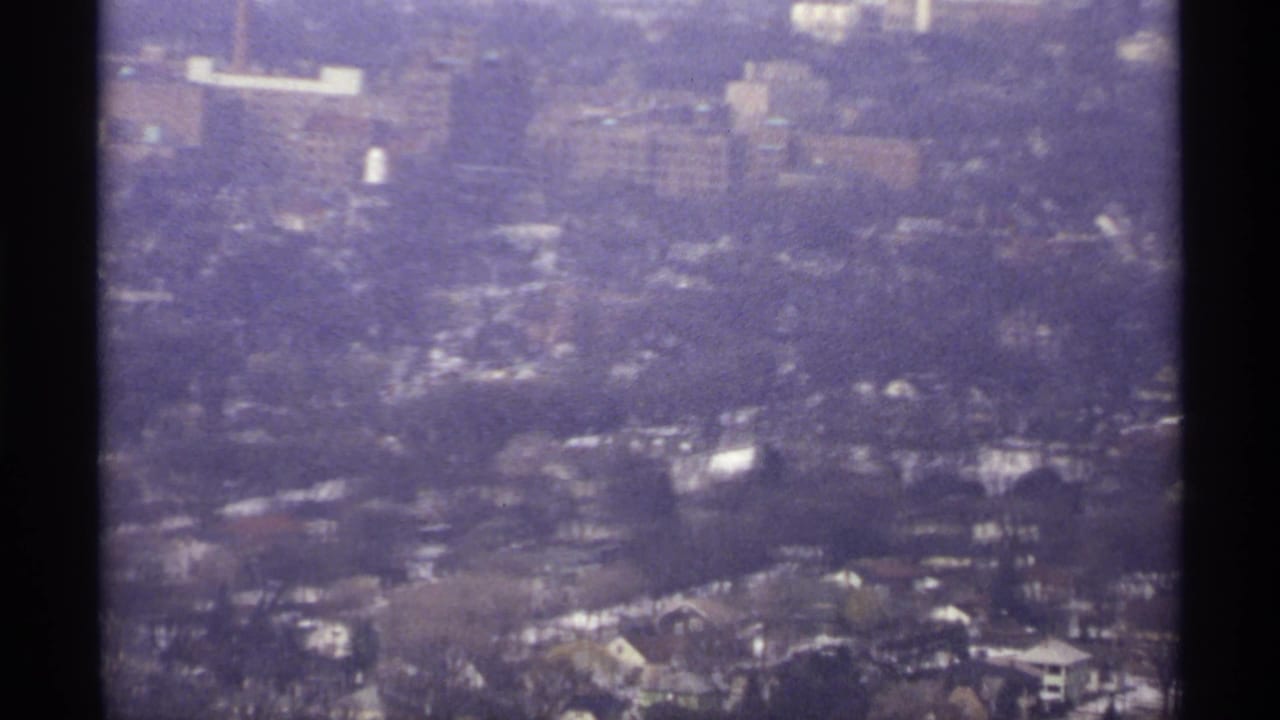 Soft aerial view over tree-filled city blocks and low-rise buildings.