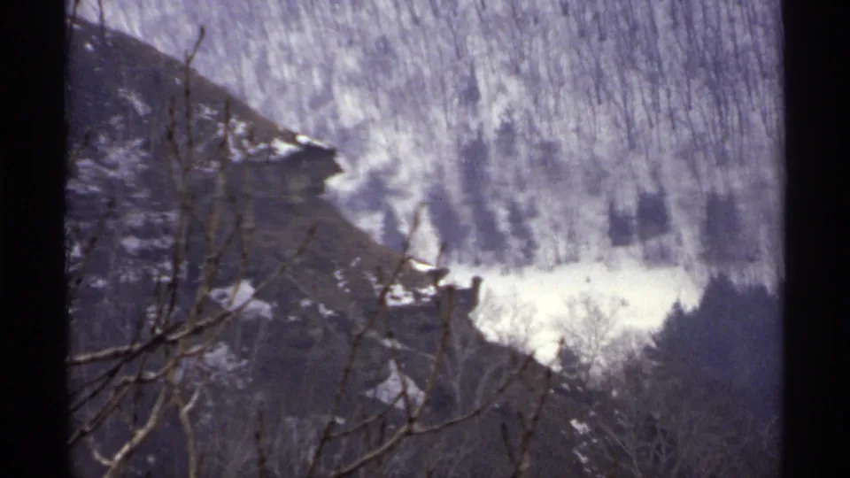 1971 8mm frame from La Crosse showing a snowy wooded valley, dark road or river edge, and leafless branches in the foreground.