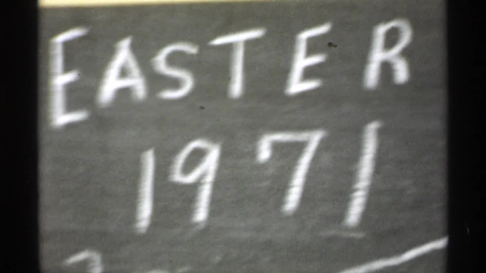 Soft close framing of the EASTER 1971 title card, with pale lettering and visible 8mm film texture.