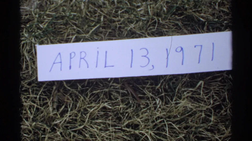 1971 La Crosse 8mm frame showing a handwritten April 13, 1971 card resting on grass, bordered by dark film edges.
