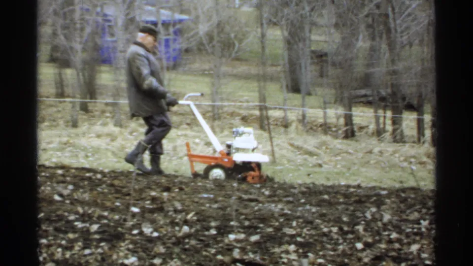In La Crosse, Wisconsin home-movie footage from 1971, a man guides a small orange tiller through a garden plot near bare trees and a fence.