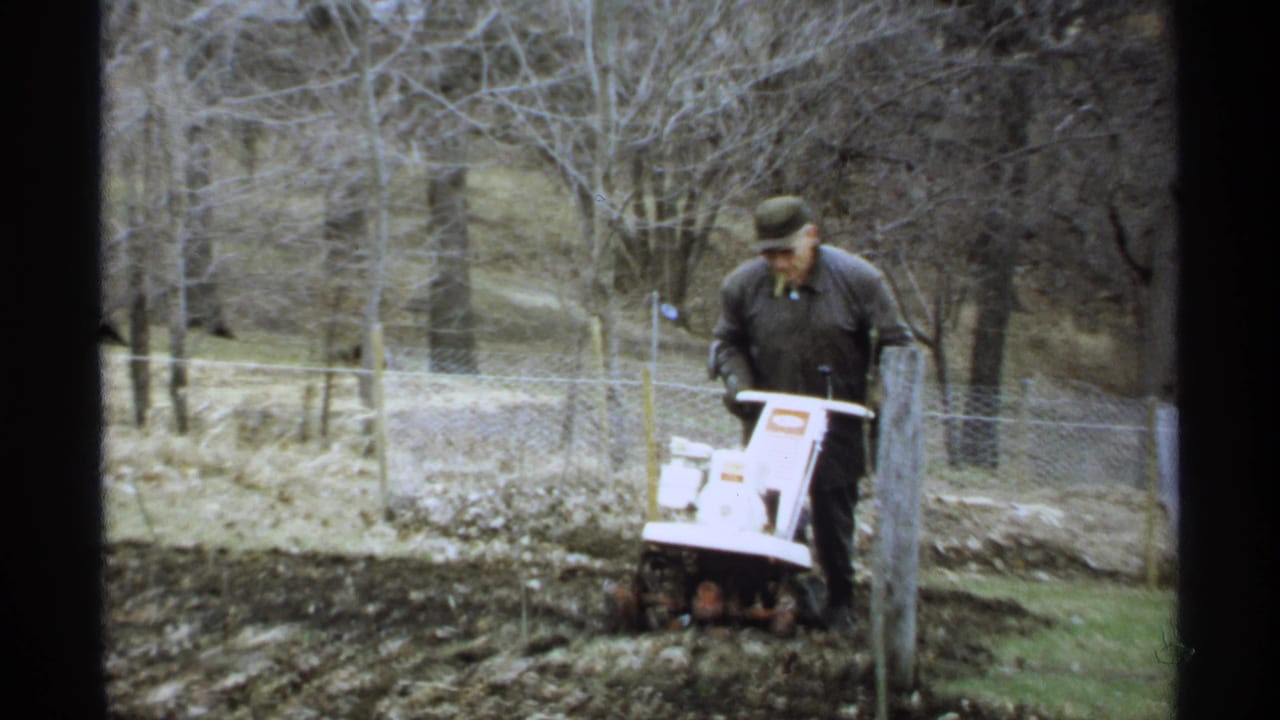 Man pushes a white tiller along the edge of a dark garden plot near fencing and trees.