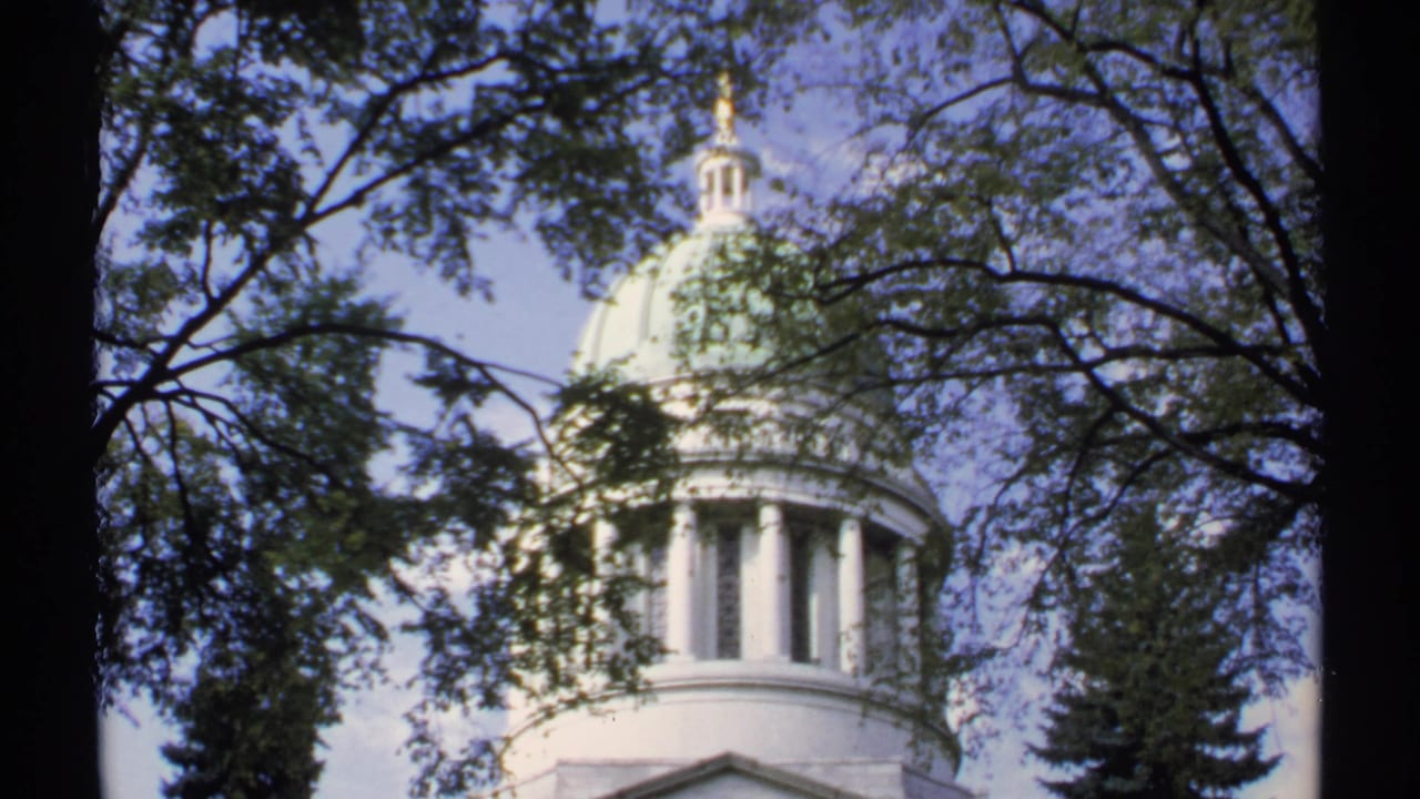 1971 Maine 8mm frame focused on a white dome and cupola behind leafy branches and a dark foreground tree trunk.