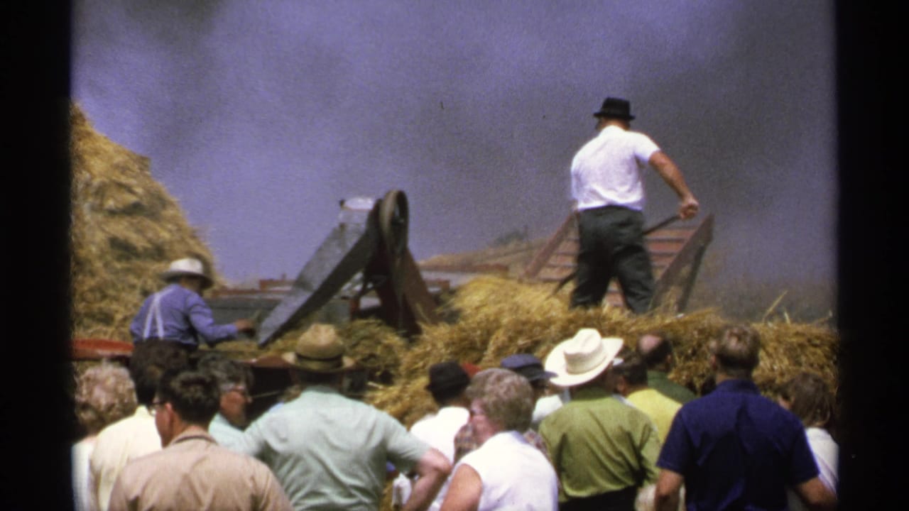 Man shoveling hay beside a conveyor while spectators watch from a field.