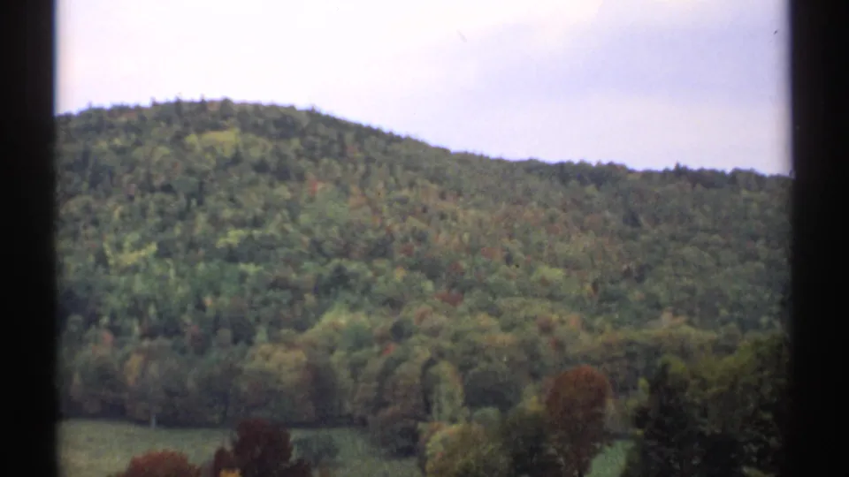 1971 8mm New Hampshire landscape showing a wooded hillside, meadow edge, and soft fall tones through a window frame.