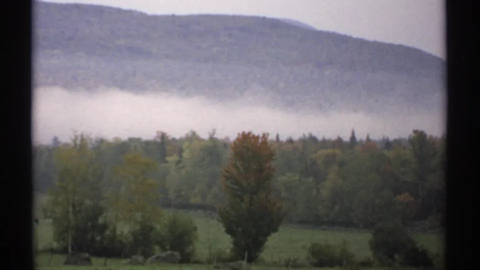 1971 New Hampshire hillside and forest landscape with a low fog bank, open field, and autumn-colored tree seen from indoors.