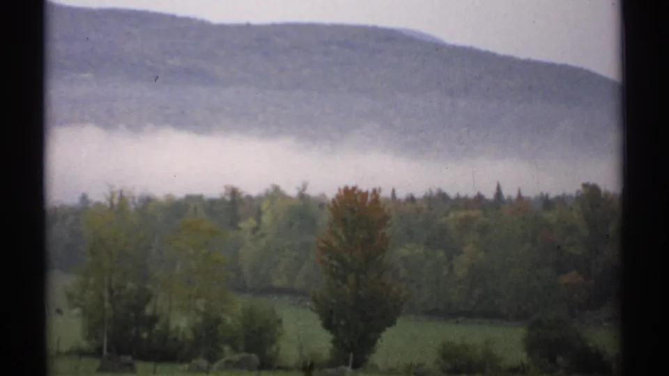 1971 New Hampshire rural view with mountain fog, mixed forest, green pasture, and a prominent autumn tree in soft 8mm color.