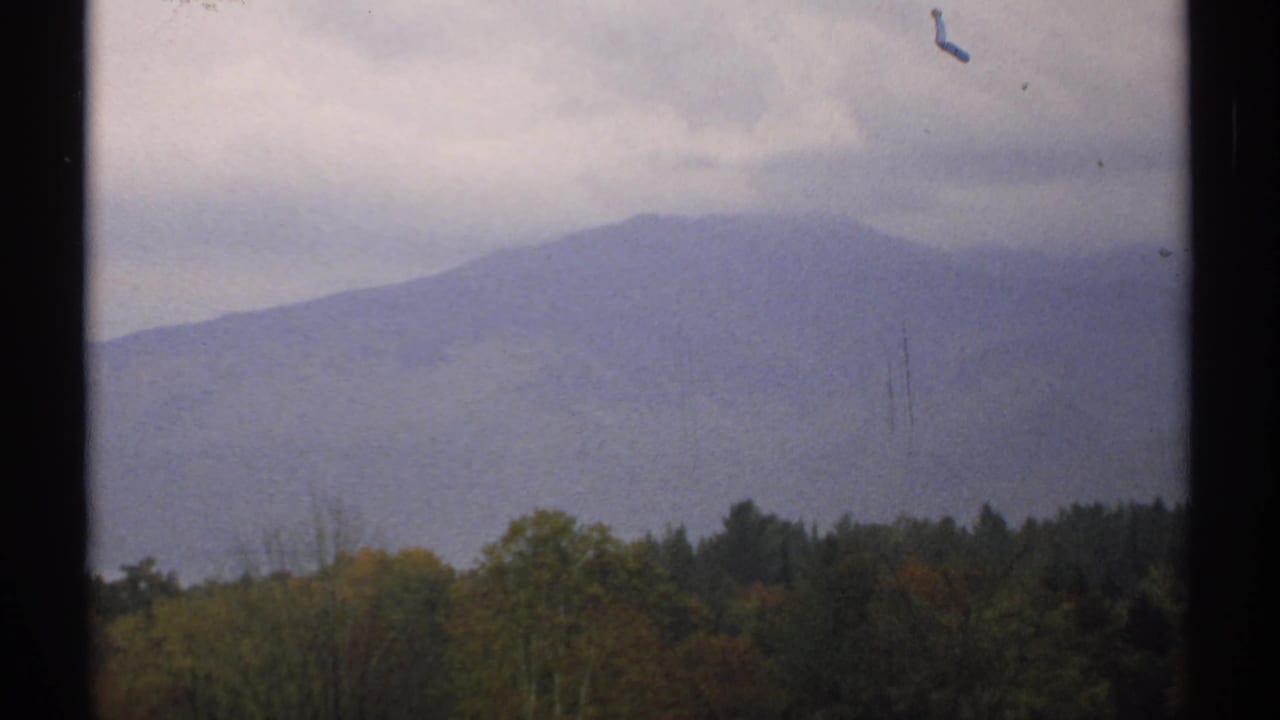 Distant blue-gray mountain ridge above dark trees under low cloud cover.