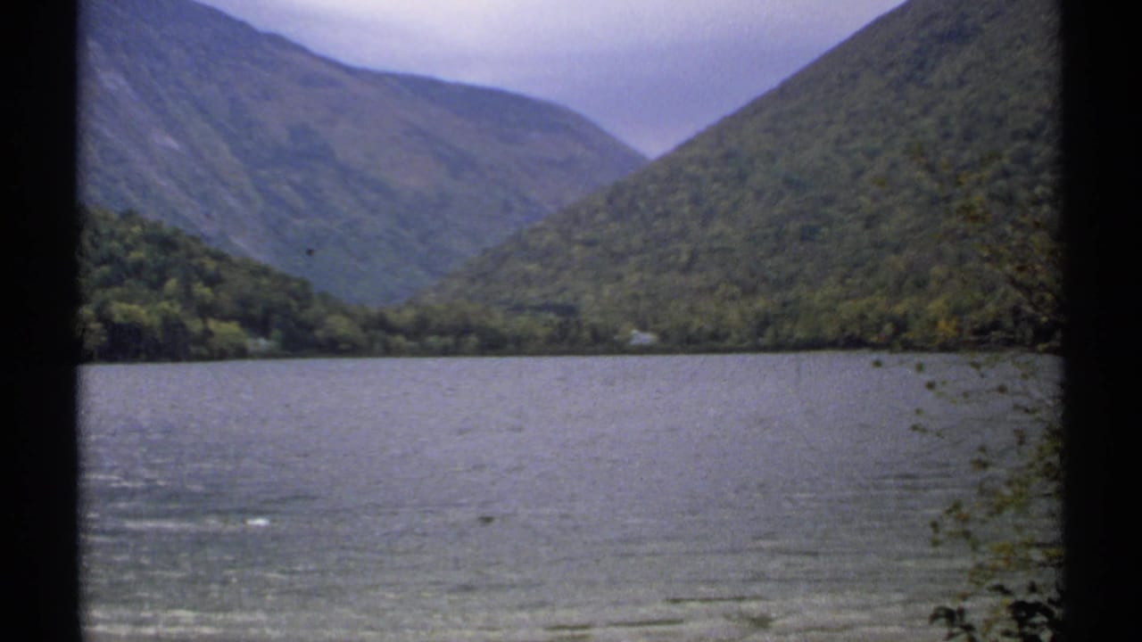 Lake bordered by forested mountains under an overcast sky.